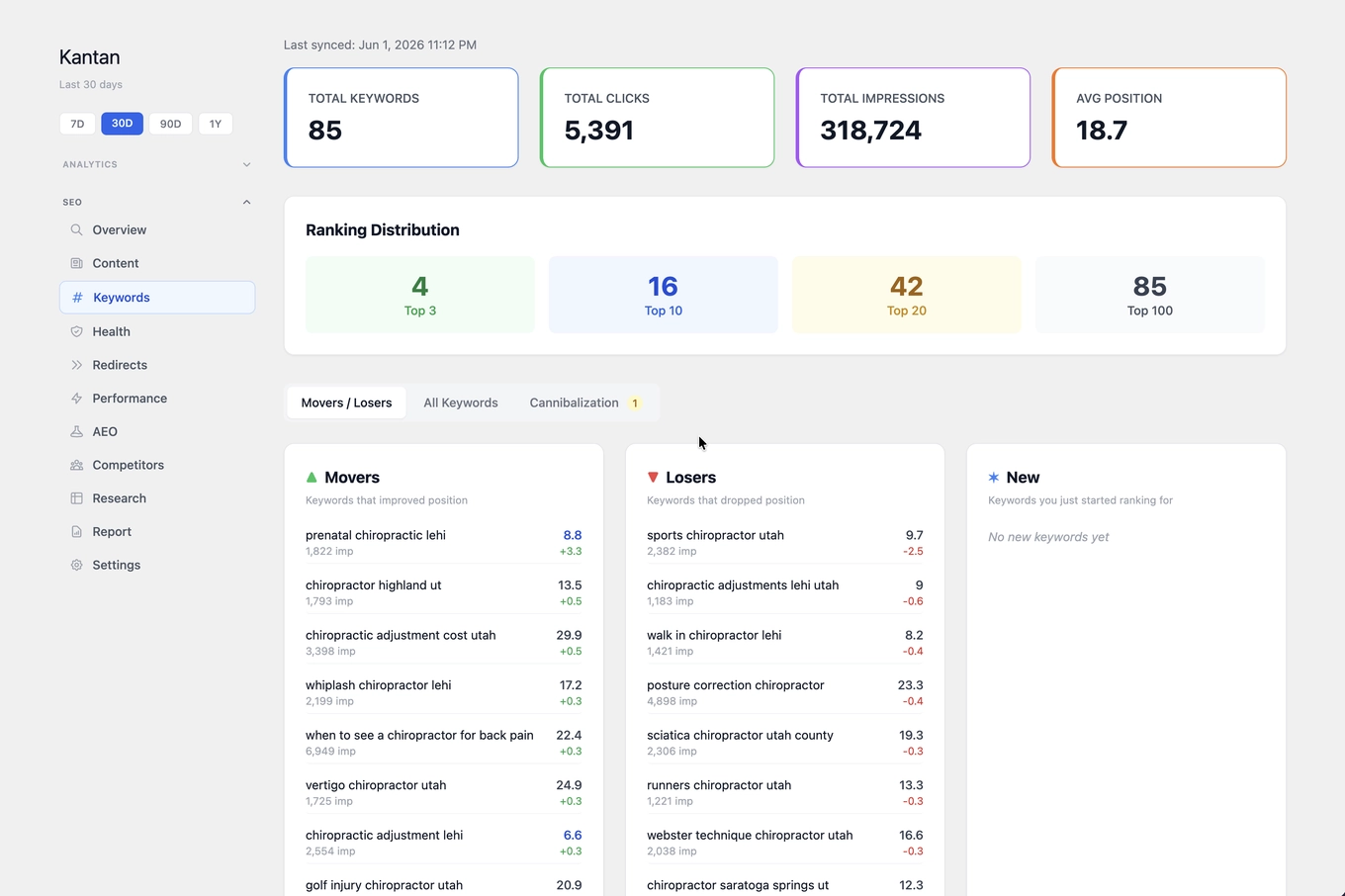 Kantan SEO keyword dashboard — movers and losers with daily position deltas and cannibalization alerts